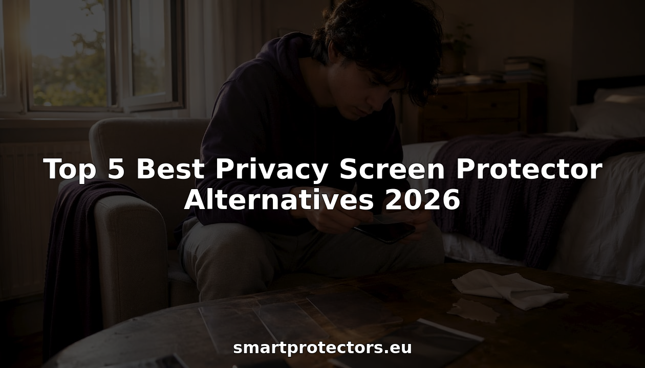 Person applying smartphone privacy screen protector at home