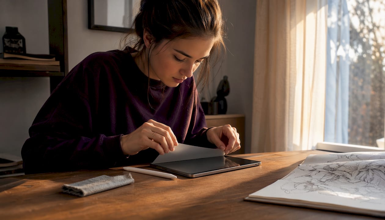 Artist applying matte screen protector on iPad