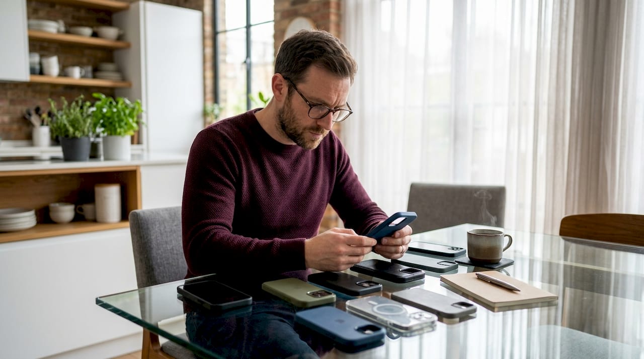 Man reviewing MagSafe iPhone cases on kitchen table