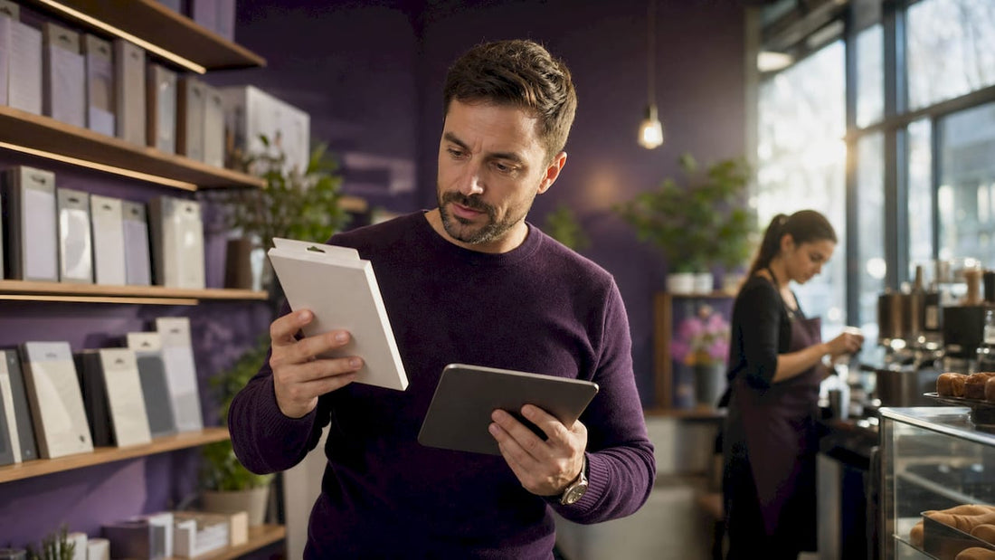Shopper inspecting iPad screen protector packaging