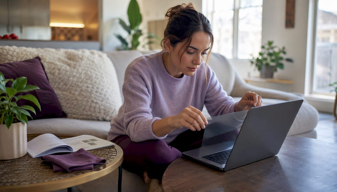 Woman applying anti-glare protector on laptop