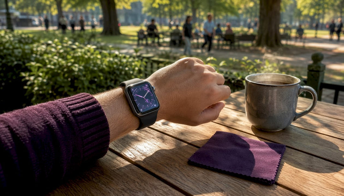 Apple Watch wrist with acrylic protector in kitchen setting