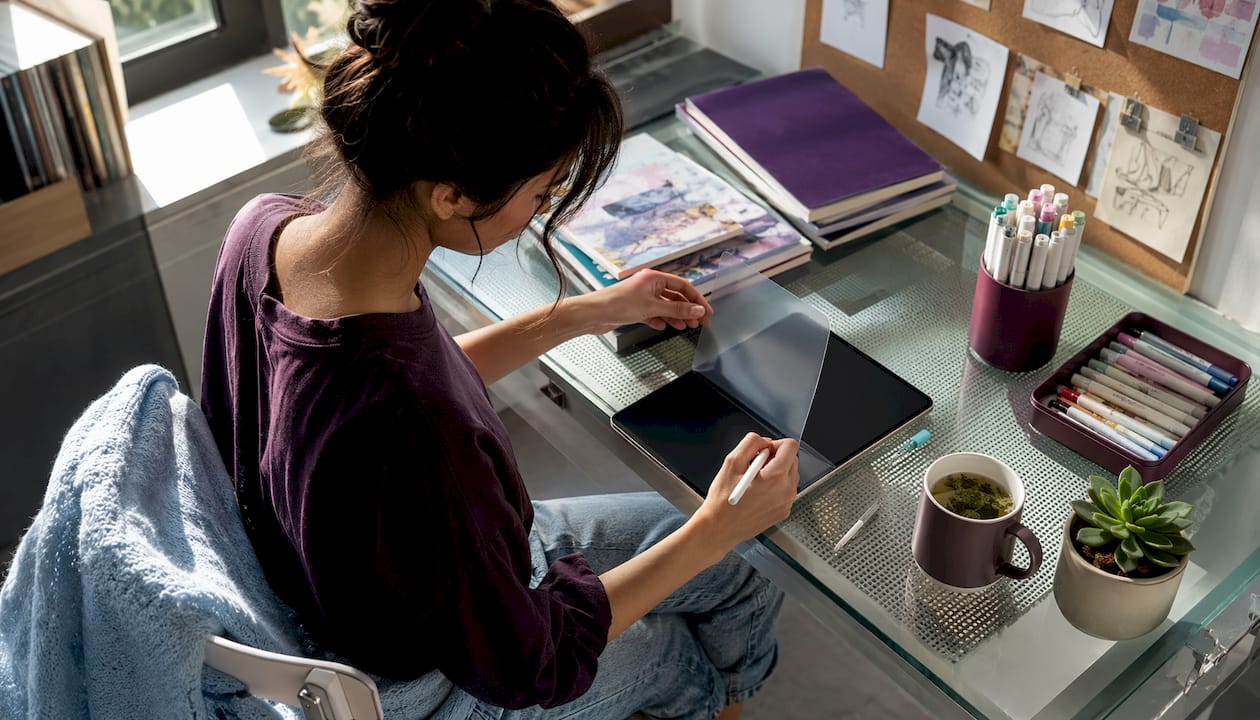 Illustrator testing matte screen protector on tablet