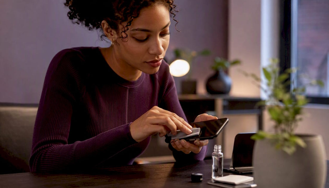 Woman applying liquid screen protector on phone