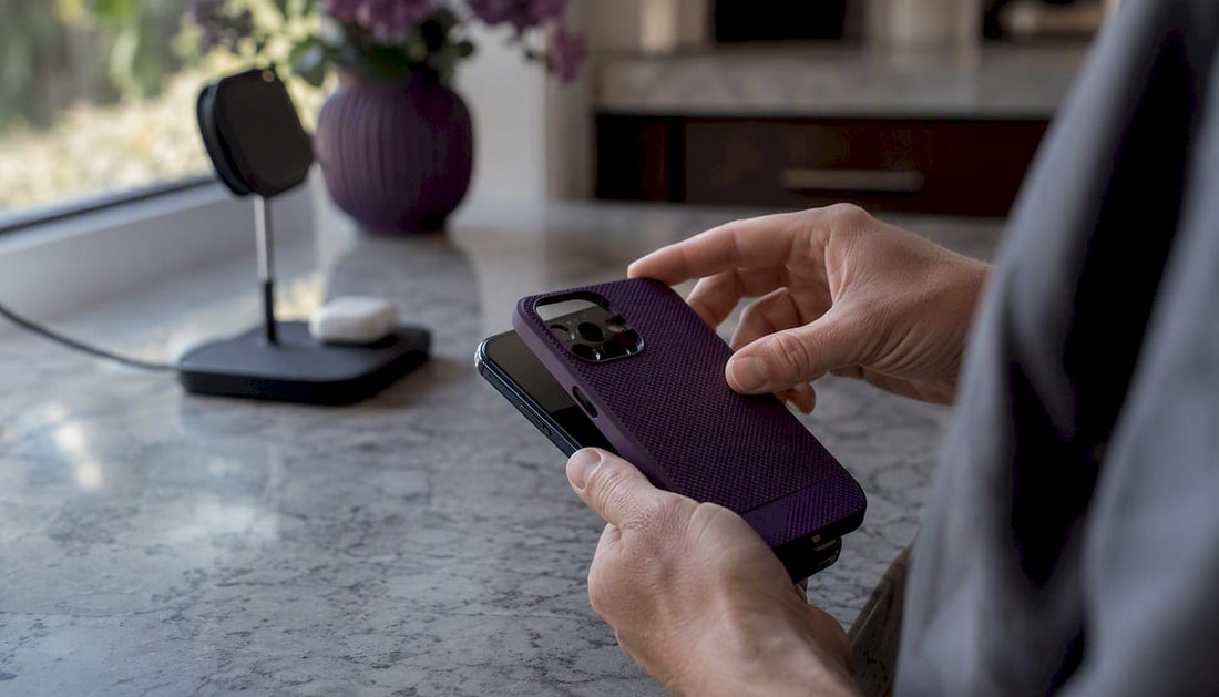 Hand fitting protective phone case on device