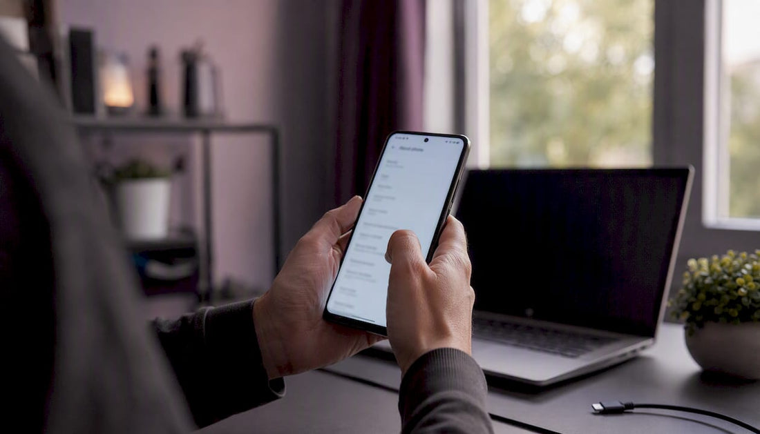 Hands holding smartphone checking model in settings