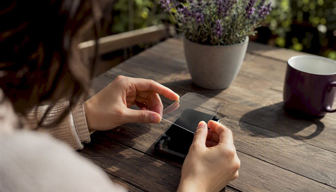 Hand applying screen protector on smartphone