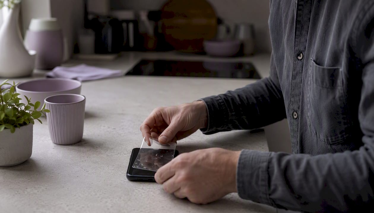 Hands applying screen protector on smartphone edge