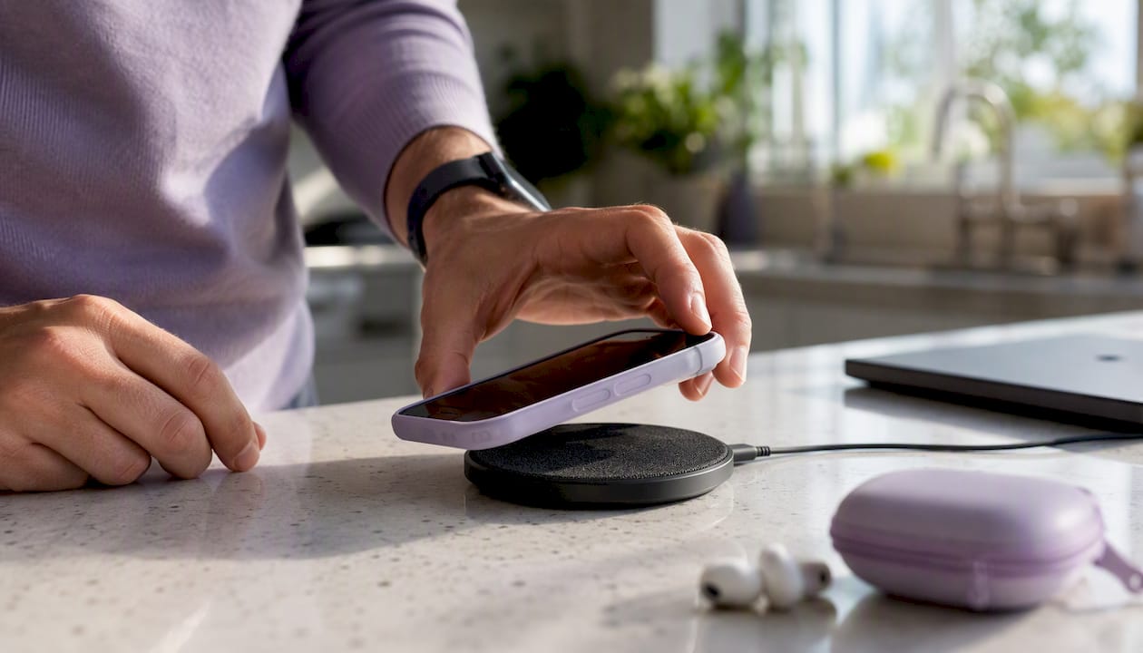 Hands placing phone with case on wireless charger