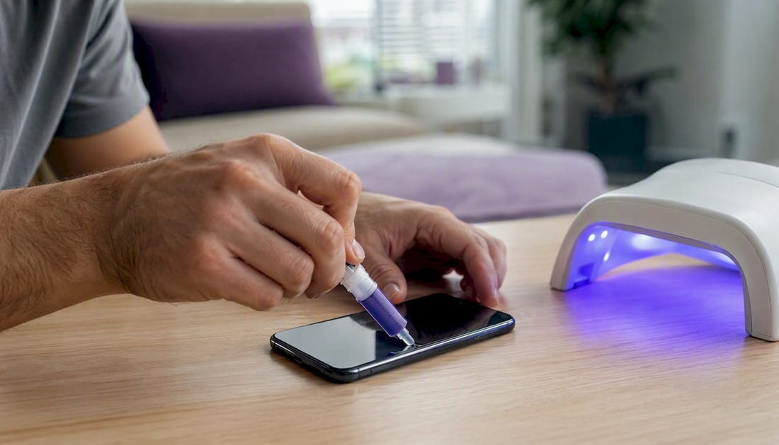 Hands applying UV adhesive on phone screen