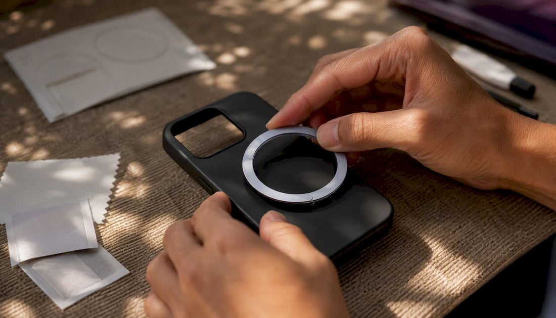 Hands attaching MagSafe magnetic ring to phone case
