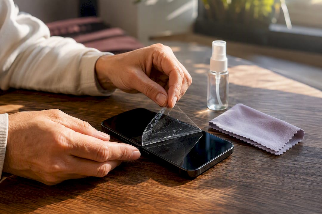 Hands removing scratched screen protector from smartphone