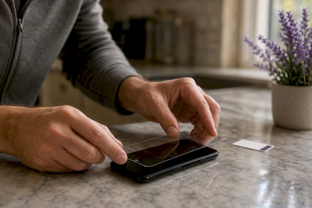 Hands applying 9H screen protector on phone