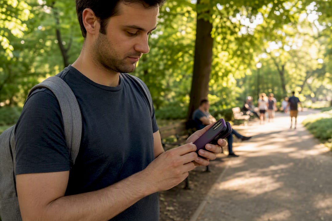 Hands securing travel phone case outdoors