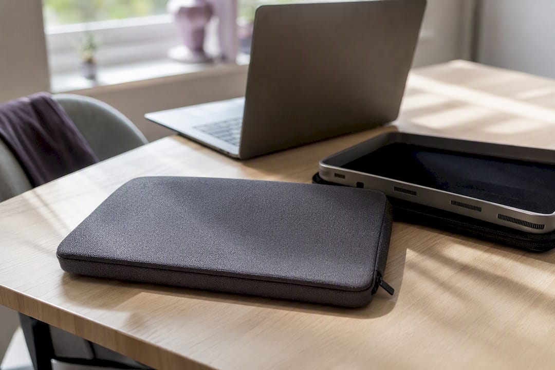 Laptop sleeve and rigid case on desk