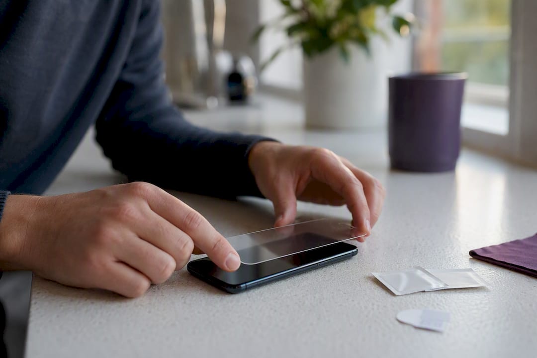 Hands applying screen protector on smartphone close-up