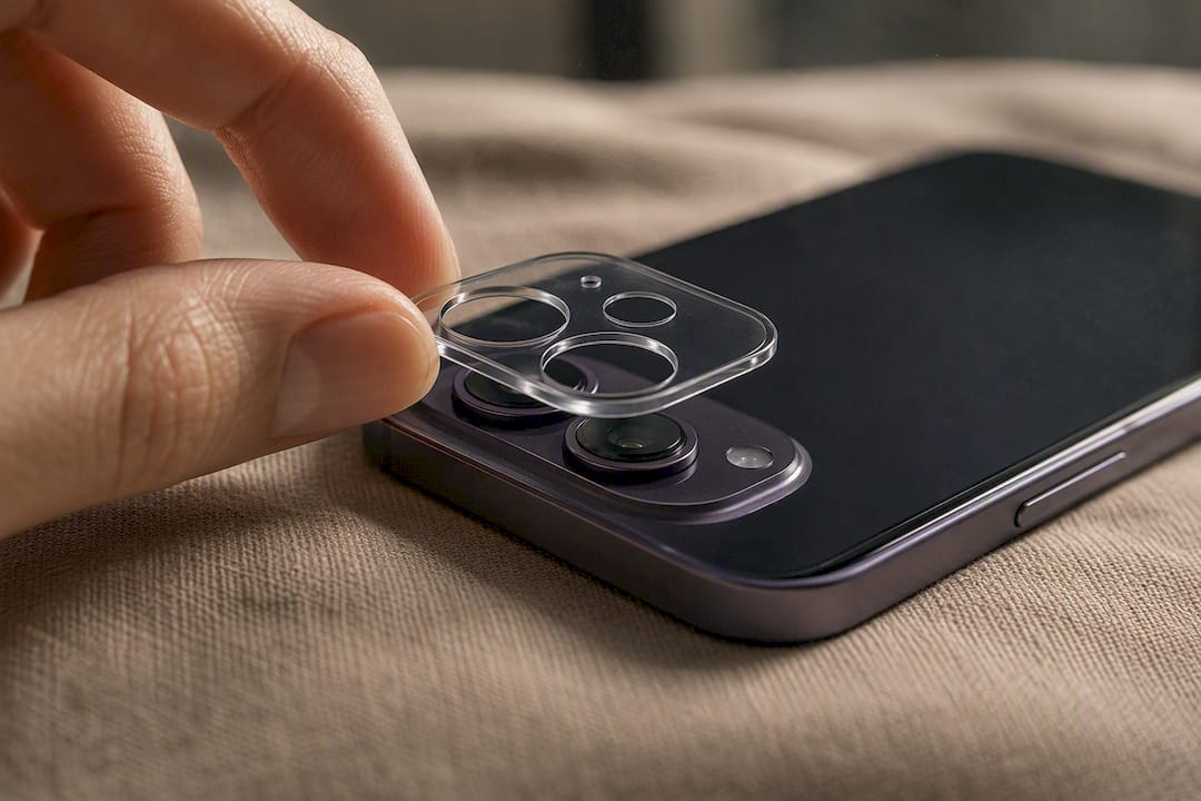 Close-up of smartphone camera lens with protector