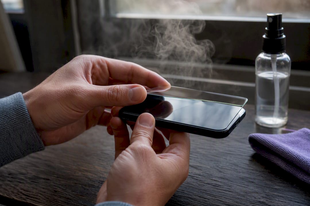 Hands lifting steamed tempered glass protector on phone