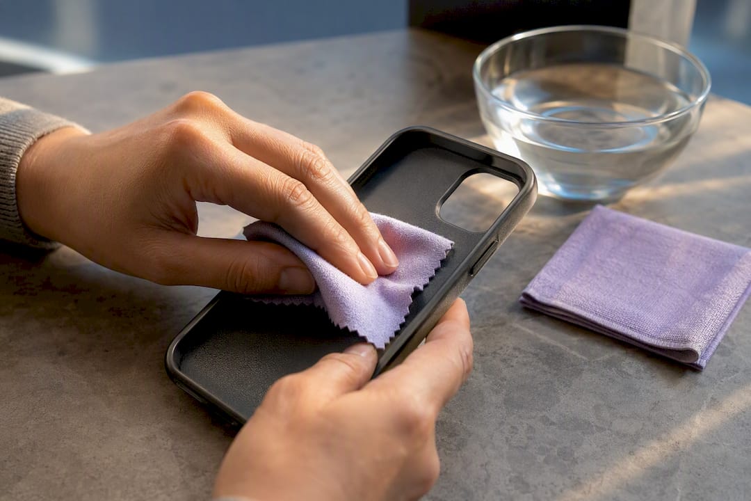 Hands cleaning a partially framed phone case
