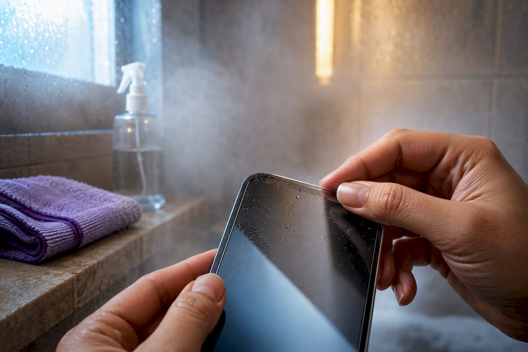 Hands smoothing a wet screen protector in steam