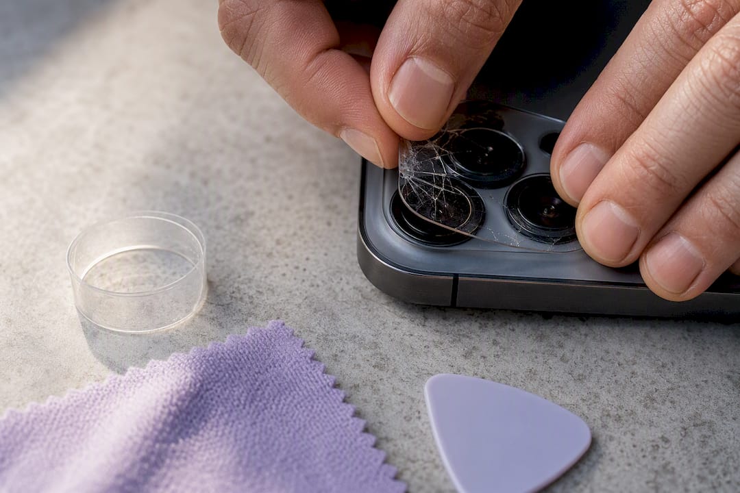 Hands removing a camera lens protector