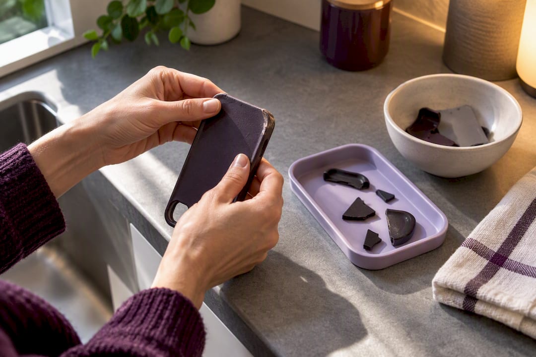 Hands sorting an old phone case for reuse