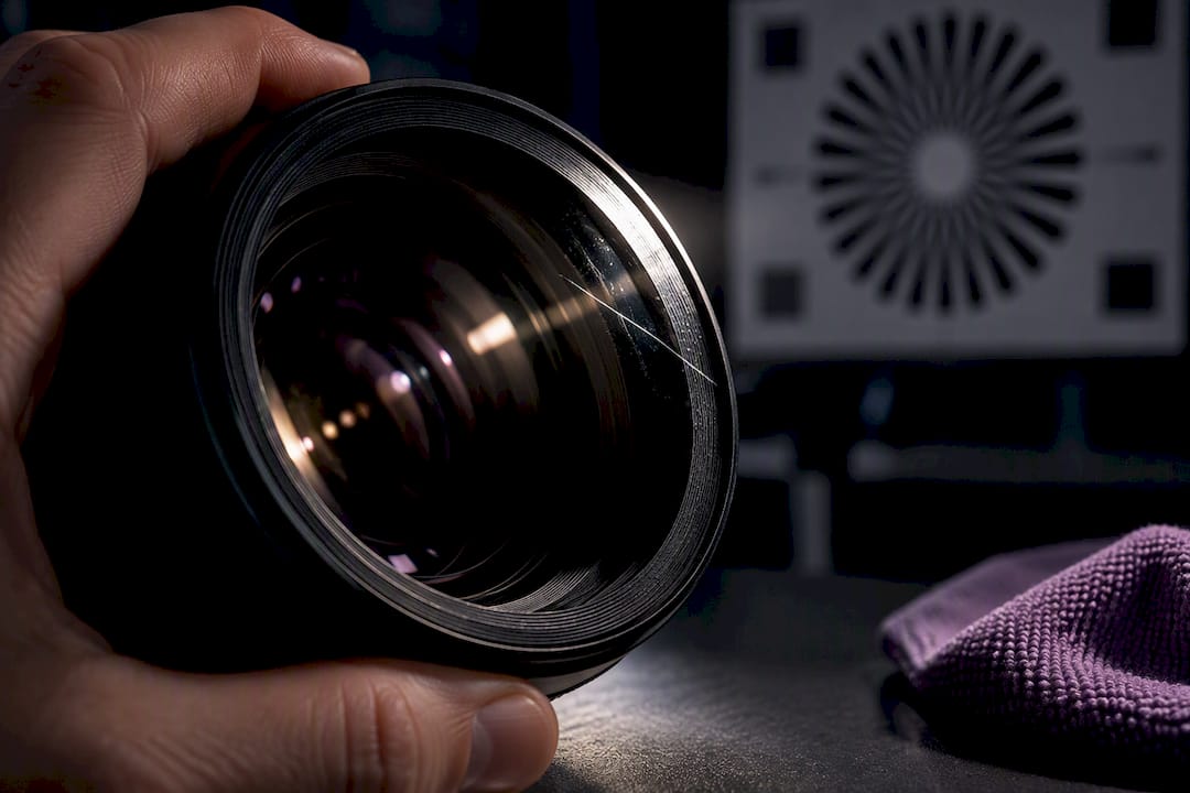 Scratched lens ring under raking test light