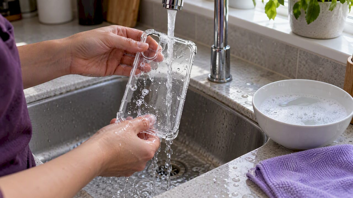 Hands washing a clear phone case safely