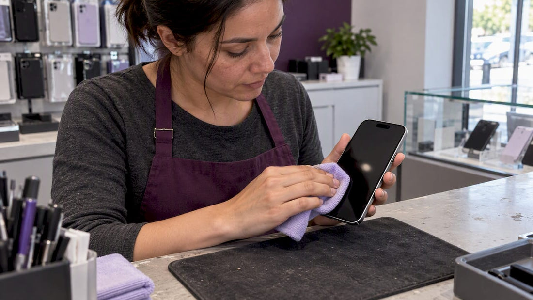 Hand wiping iPhone 15 matte screen protector