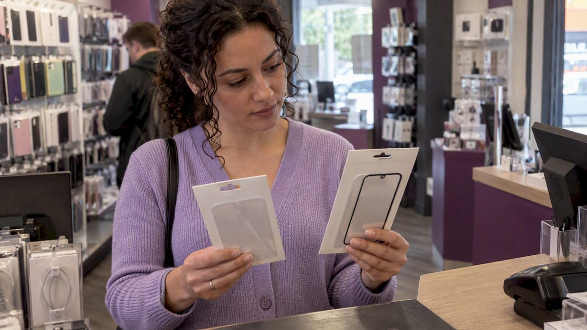 Shopper comparing screen protector options at counter
