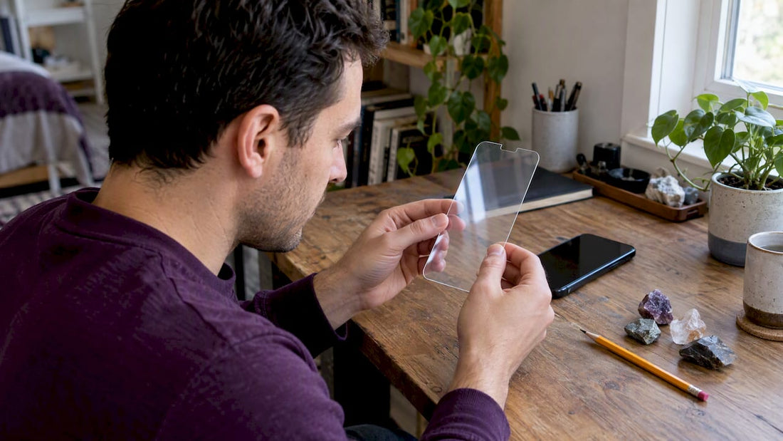 Buyer examining a screen protector and hardness references