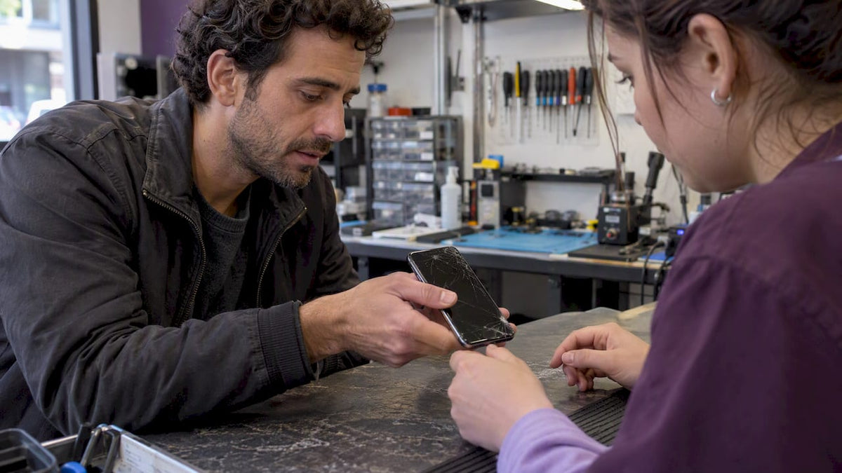 Customer showing technician a cracked phone