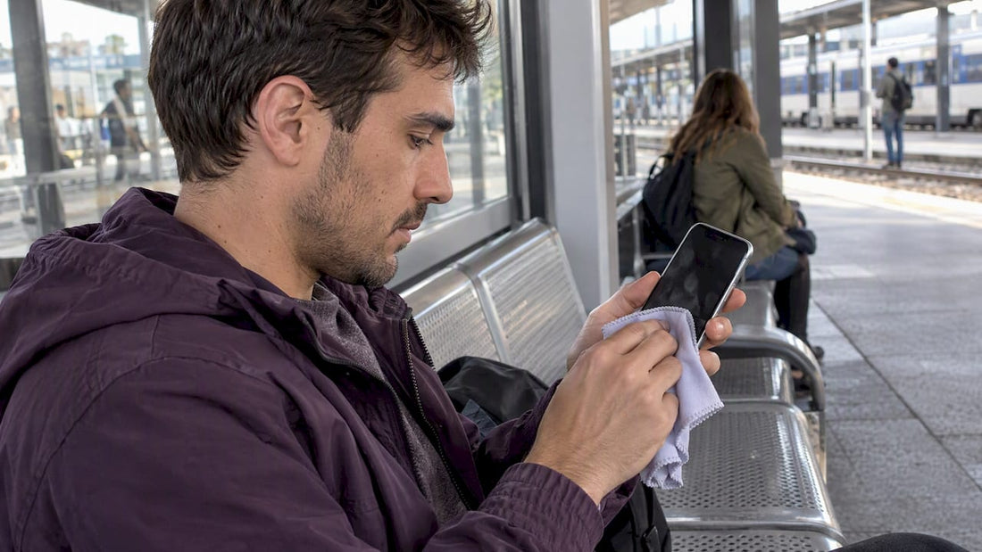Traveler wiping fingerprints from phone glass