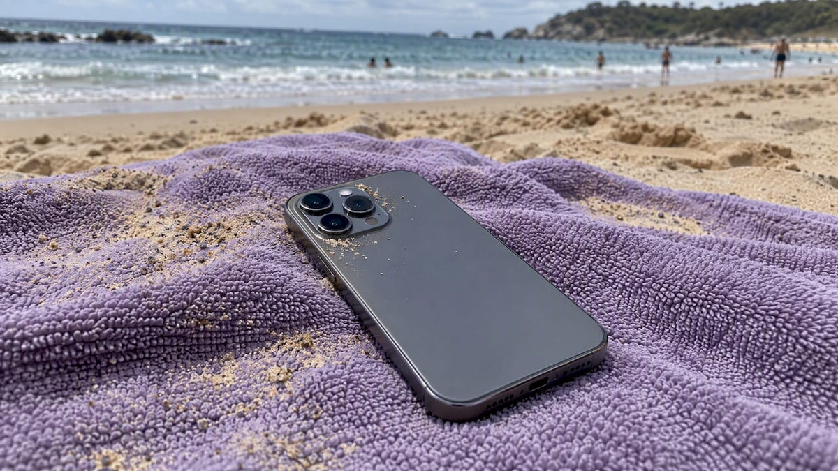 Phone camera beside sand on a beach towel